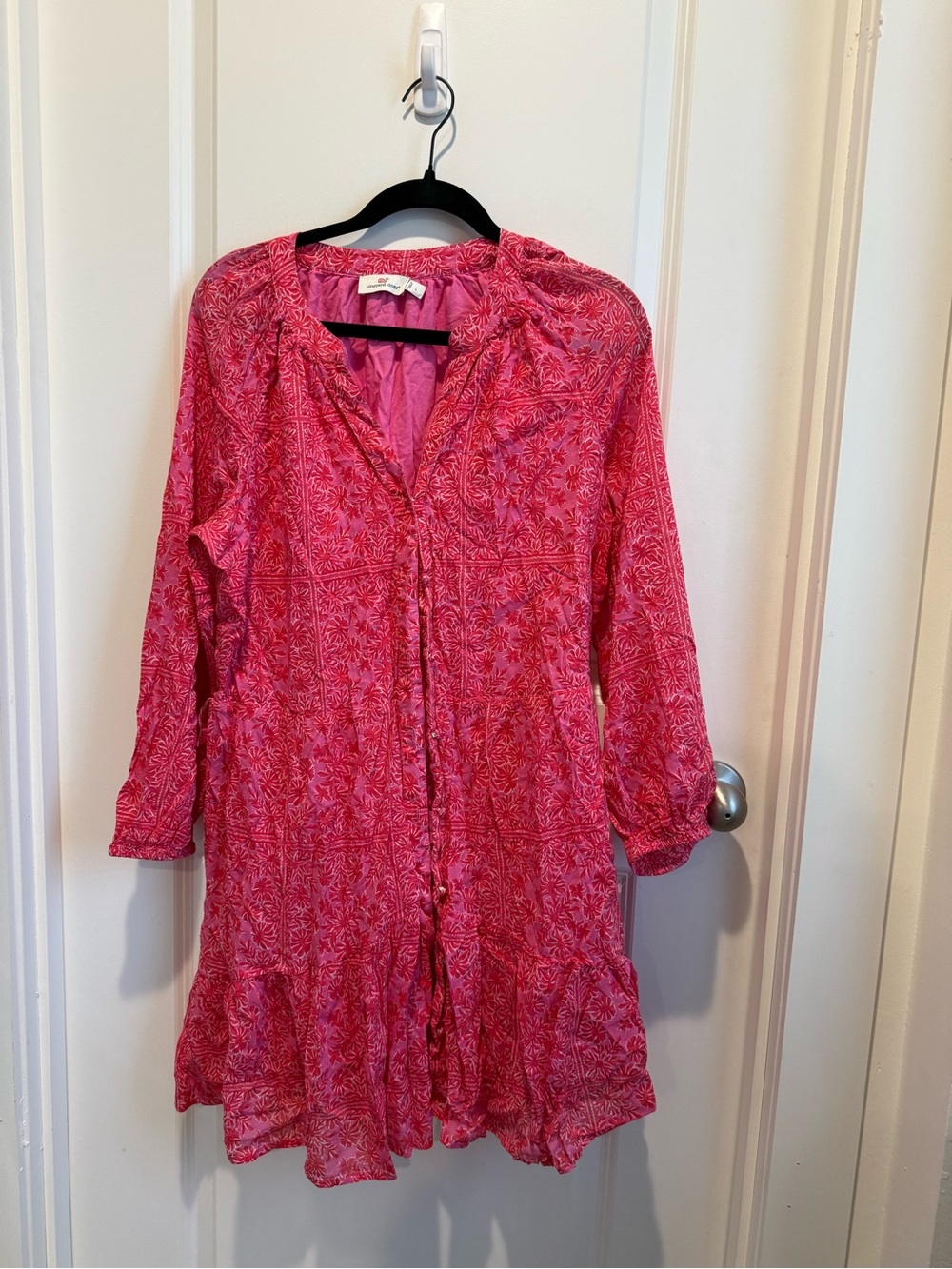 Vineyard Vines Pink Floral Tassel Tie Tiered Mini Dress Large